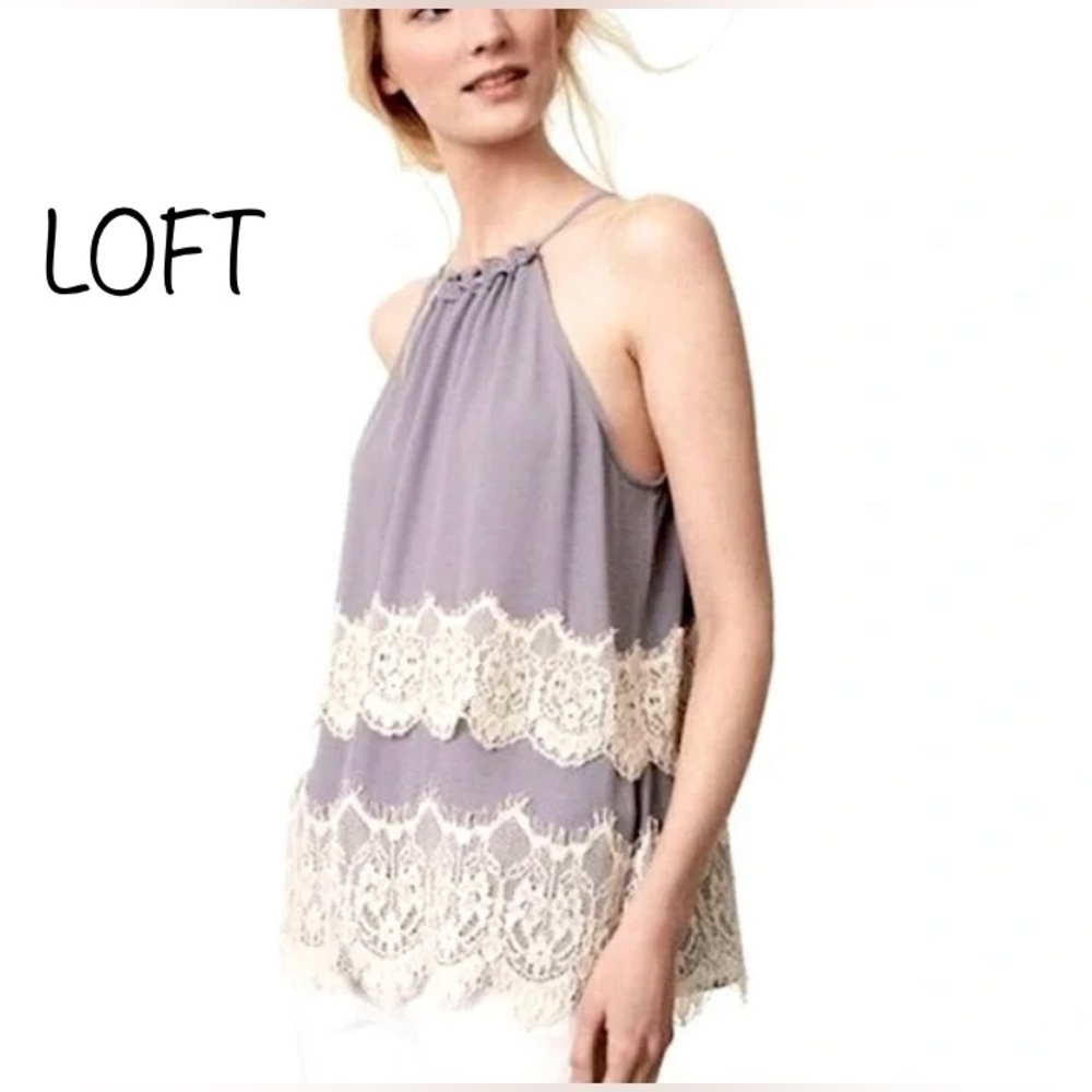 Loft Halter Romantic Lilac Cream Lace Whimsical tie neck Top size XXS Petite
